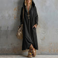 Women's Solid Color Long Hooded Cotton Linen Dress, Loose Bohemian Style Women's Clothing - Black