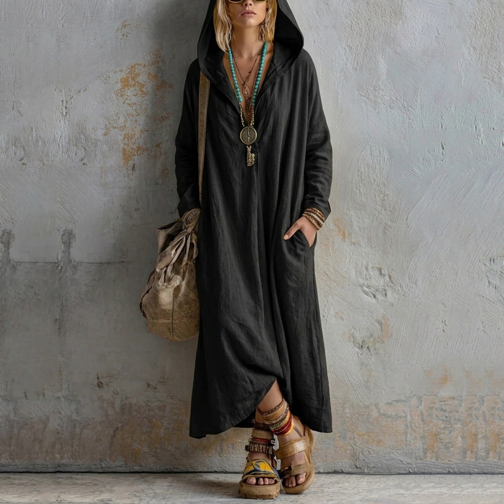Women's Solid Color Long Hooded Cotton Linen Dress, Loose Bohemian Style Women's Clothing - Black
