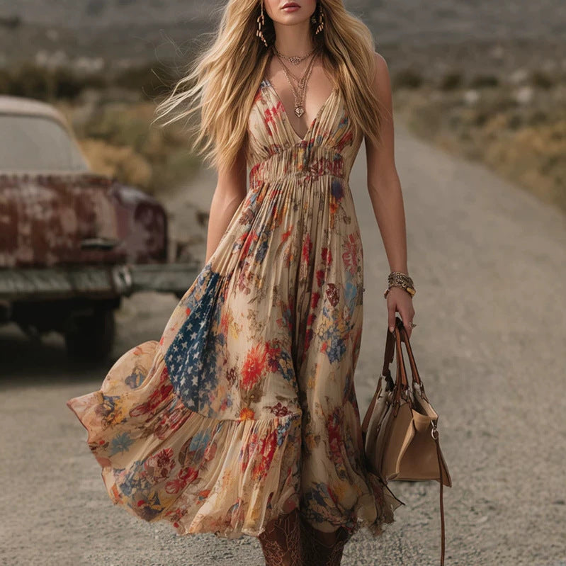 Women's Bohemian-style Floral-print Midi Skirt