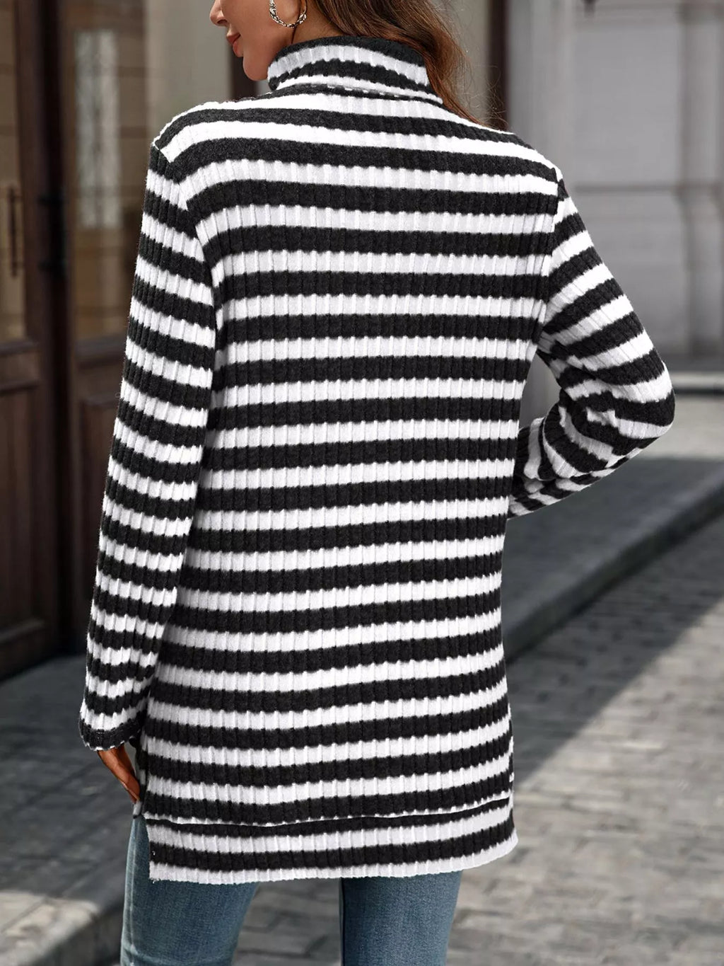 Women's Striped Ribbed Knit Turtleneck Long Sleeve T-Shirt