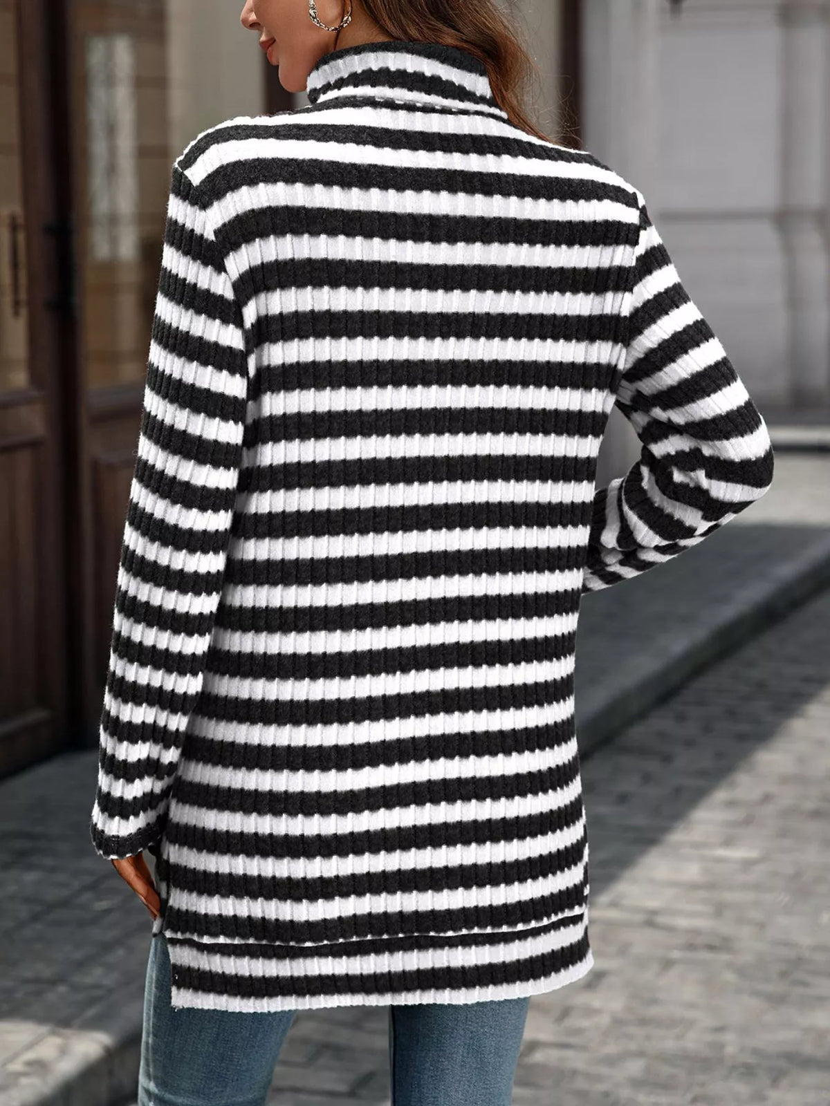 Women's Striped Ribbed Knit Turtleneck Long Sleeve T-Shirt