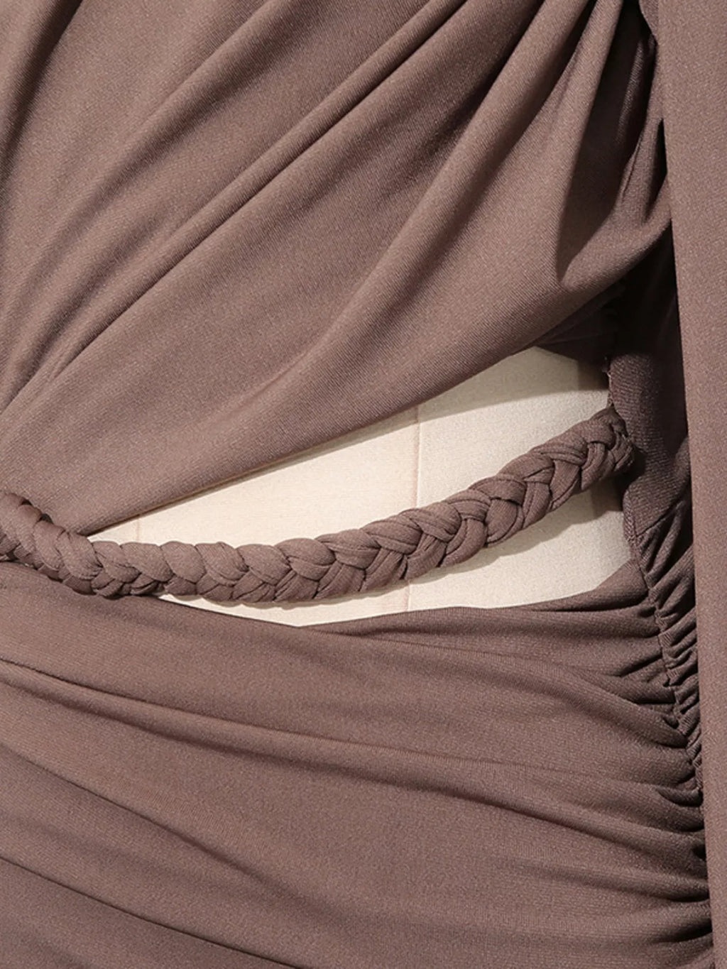 Women's Brown Ruched Long-Sleeve Maxi Dress with Cutout Detail - Brown