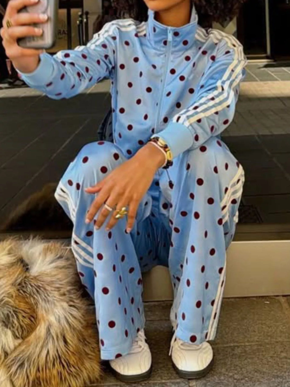 Women's Polka Dot Side Striped Outerwear and Pants Set