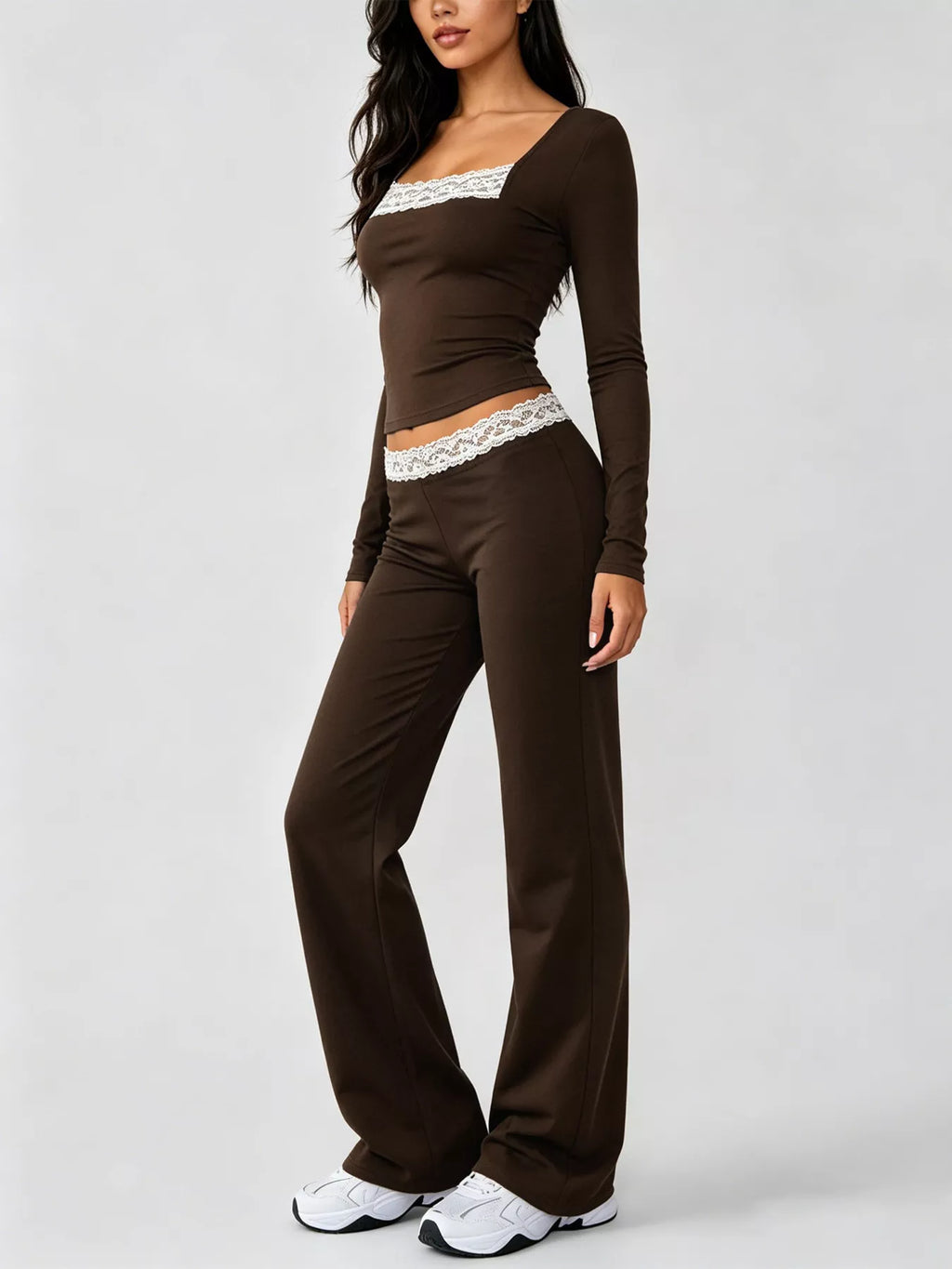 Women's Brown Long Sleeve Lace Trim Crop Top and Wide Leg Pants Set - Brown