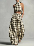 Women's Plaid Halter Neck Crop Top and Wide-Leg Pants Two-Piece Set - Plaid