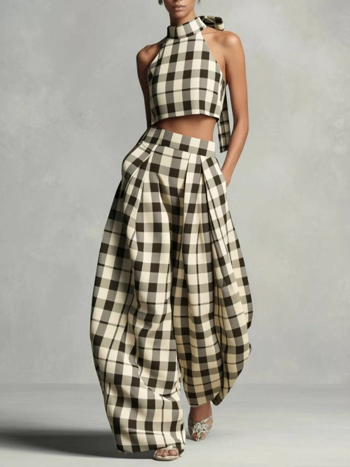 Women's Plaid Halter Neck Crop Top and Wide-Leg Pants Two-Piece Set - Plaid