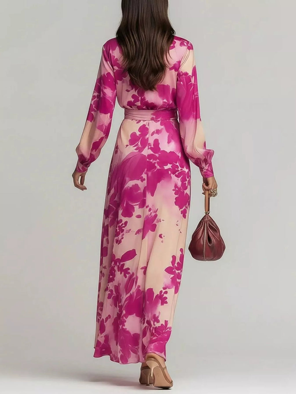 Women's Hot Pink Floral Print Maxi Dress with Waist-Tie Detail - Hot Pink