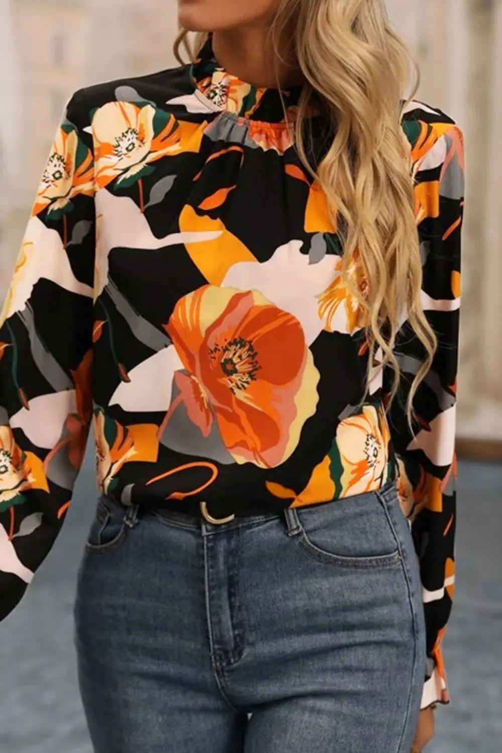 Women's Black Floral Mock Neck Flounce Sleeve Blouse - Black
