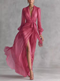 Women's Strawberry Long Sleeve Chiffon Wrap Maxi Dress with High Slit - Strawberry