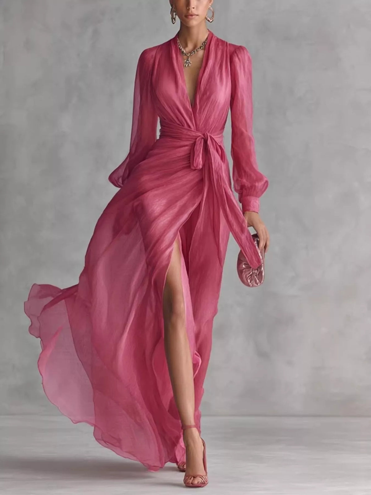 Women's Strawberry Long Sleeve Chiffon Wrap Maxi Dress with High Slit - Strawberry