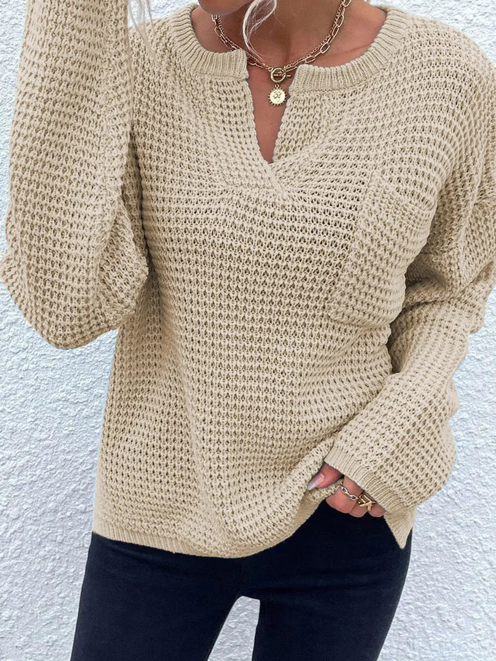 Women's Notched Long Sleeve Sweater