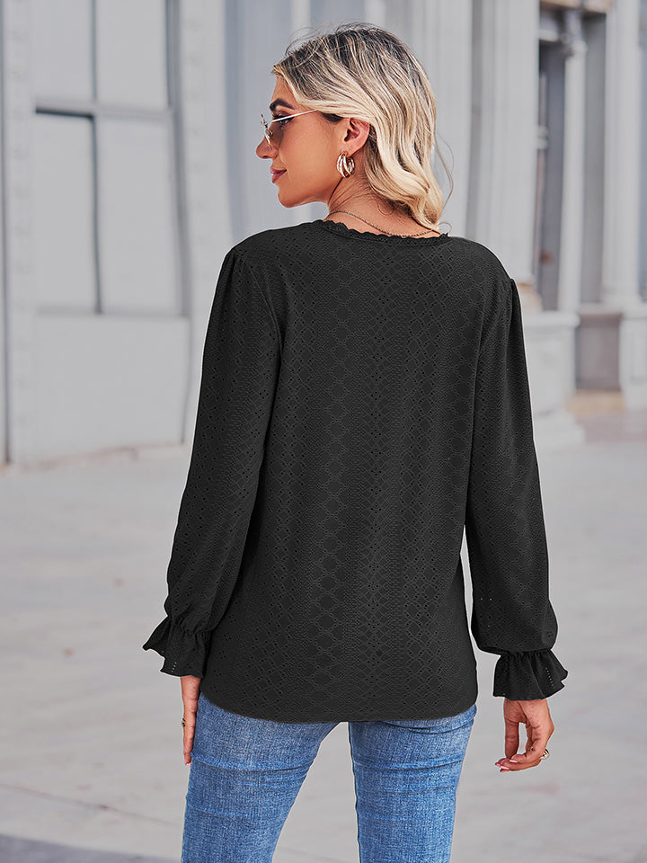 Women's Eyelet V-Neck Flounce Sleeve Blouse