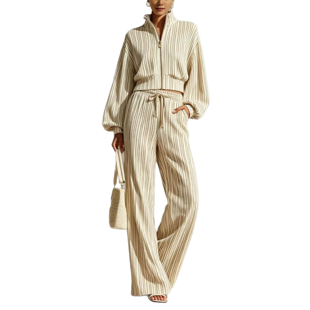 Striped Zip-up Cardigan And Wide-leg Pants Two-piece Set
