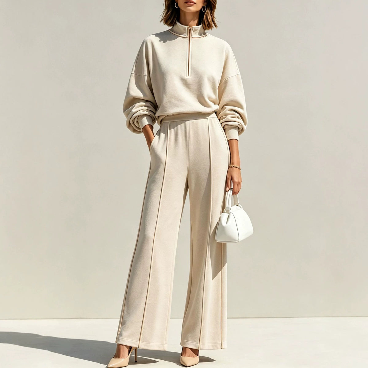 Women's Half-Zip Hoodie Wide-Leg Pants Set