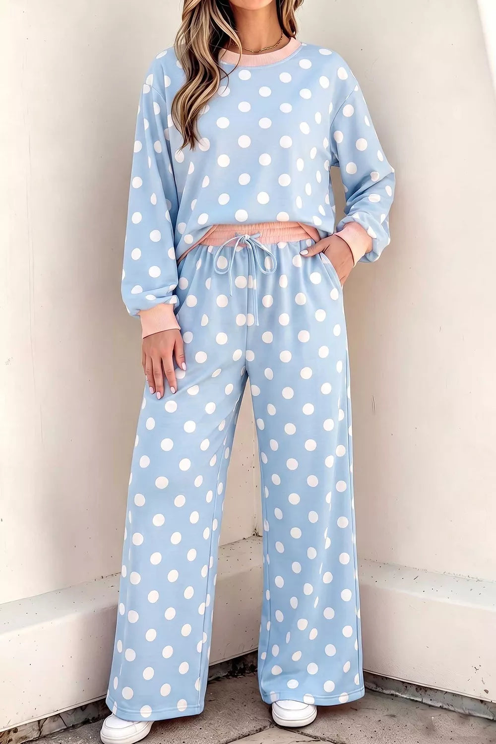Women's Light Blue Polka Dot Contrast Trim Long Sleeve Top Drawstring Shift Pants Set - Light Blue