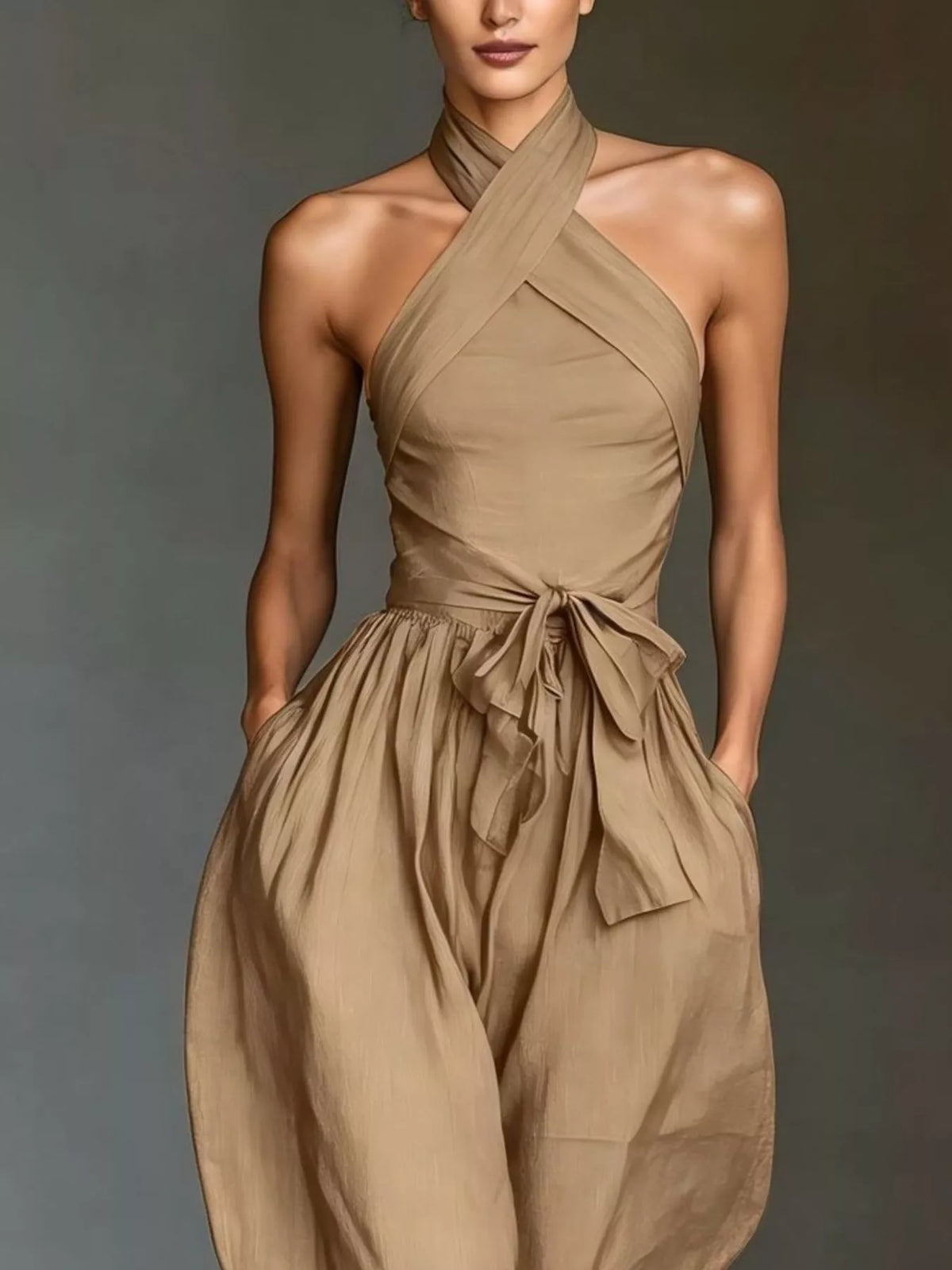 Women's Halter Neck Wide-Leg Jumpsuit with Waist-Tie Detail