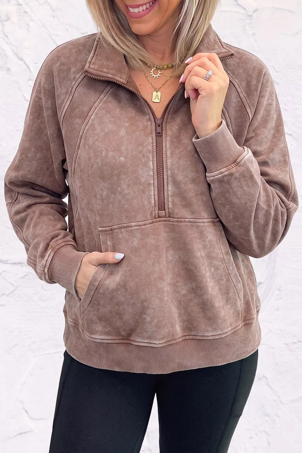 Women's Taupe Vintage Half-Zip Long Sleeve Ribbed Cuffs Hem Shift Silhouette Sweatshirt - Taupe