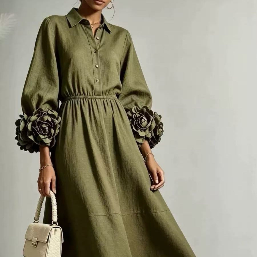 Best-selling Solid-color Round-neck Long-sleeved Floral Dress