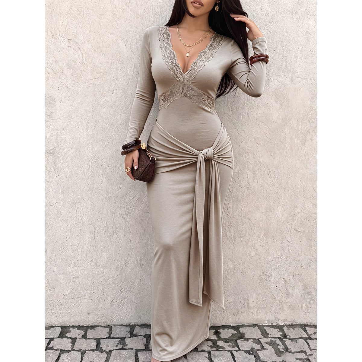 Women's Solid-Color Lace Deep-V Long-Sleeve Spliced Bandage Dress