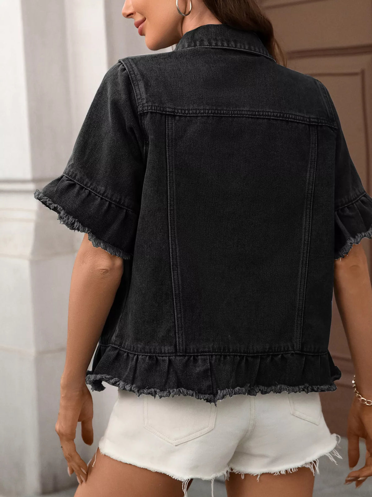 Women's Raw Hem Button Up Denim Jacket