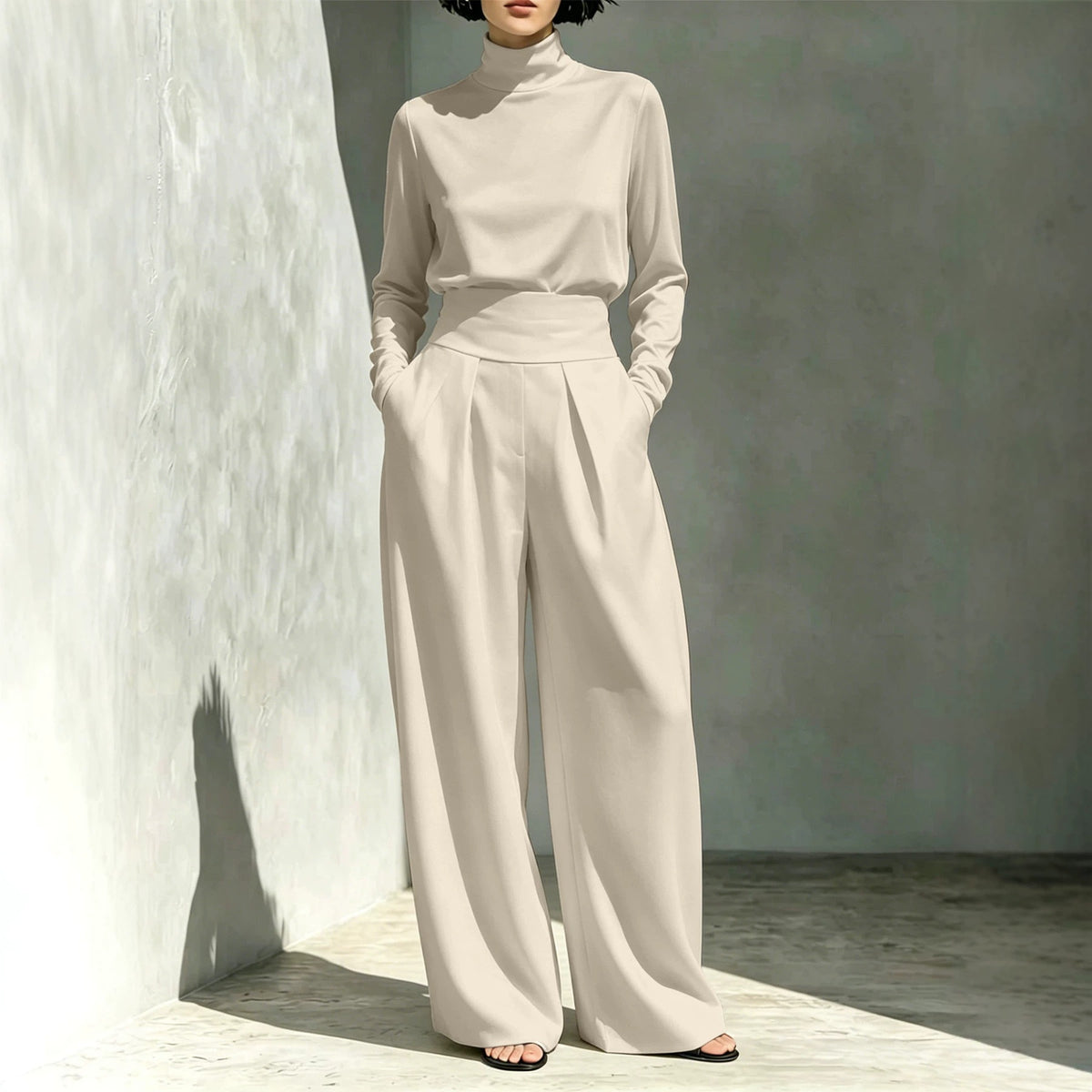 Women's 2026 Fall Winter New Arrival Women Solid Color Turtleneck Long Sleeve Top Long Pants Casual Outfit Set For European American Market