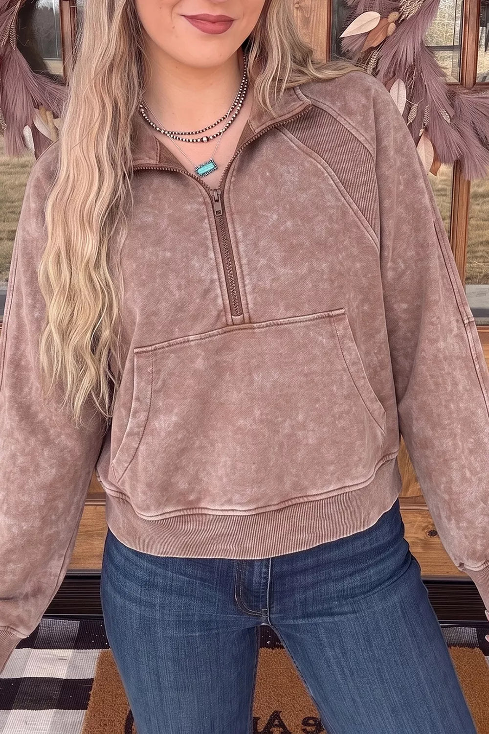 Women's Taupe Vintage Half-Zip Long Sleeve Ribbed Cuffs Hem Shift Silhouette Sweatshirt - Taupe