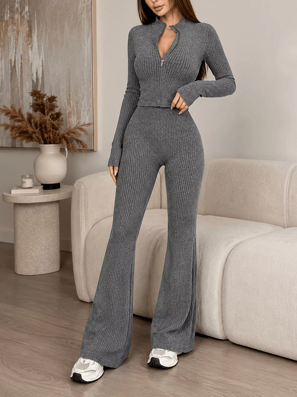 Women's Ribbed Zip-Up Cardigan and Pants Knit Set