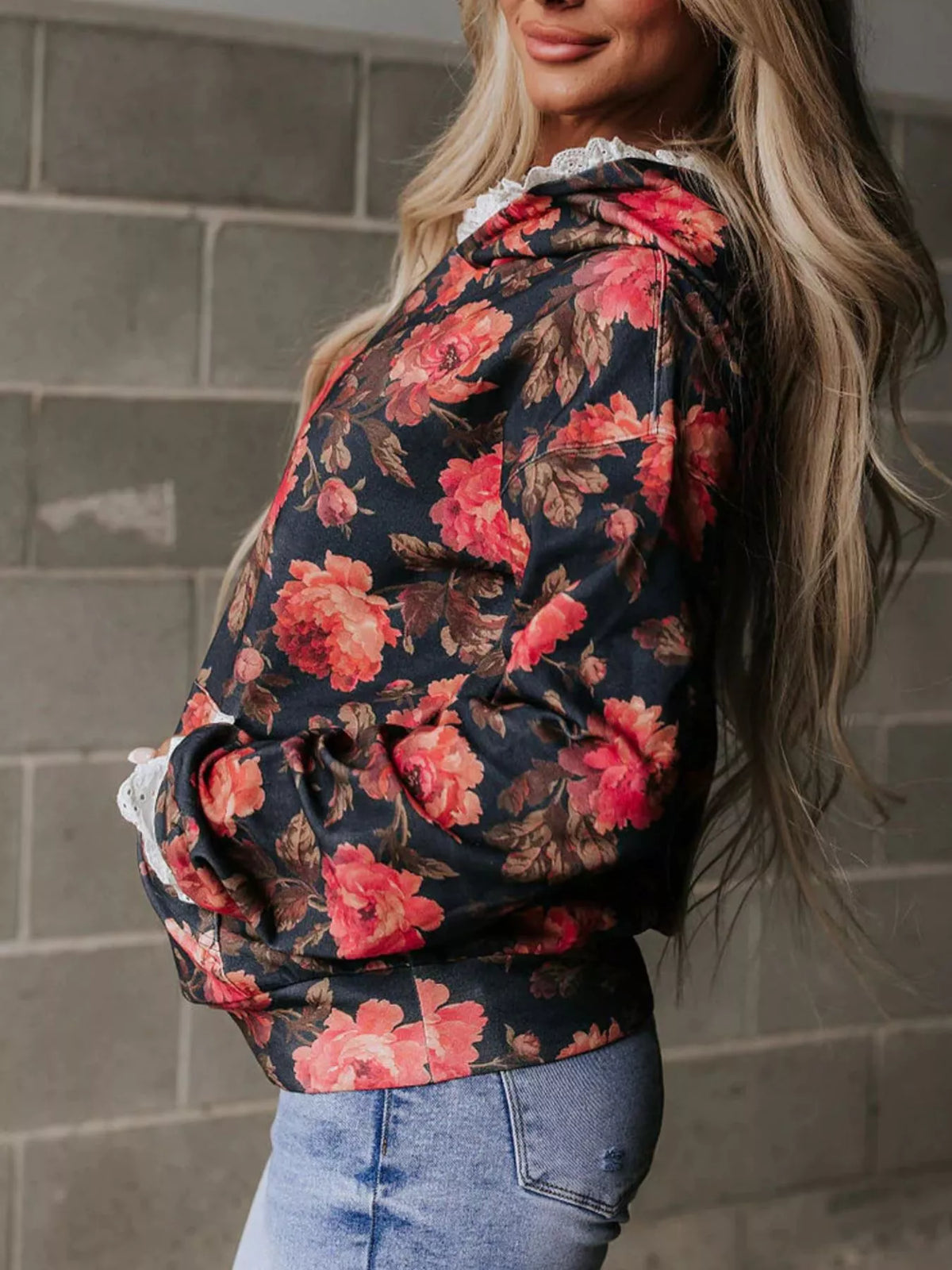 Women's Lace Trim Kangaroo Pocket Hoodie