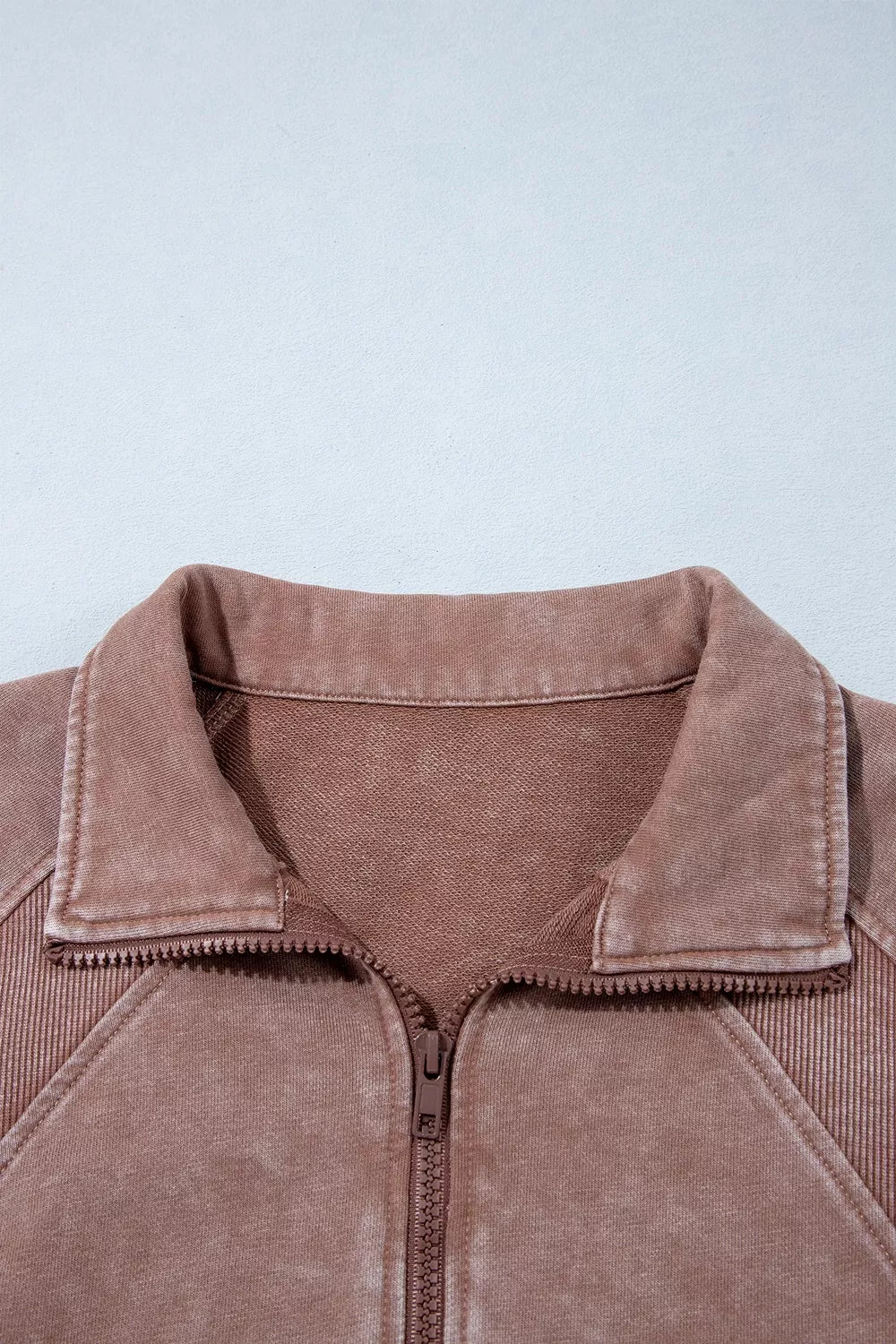 Women's Taupe Vintage Half-Zip Long Sleeve Ribbed Cuffs Hem Shift Silhouette Sweatshirt - Taupe