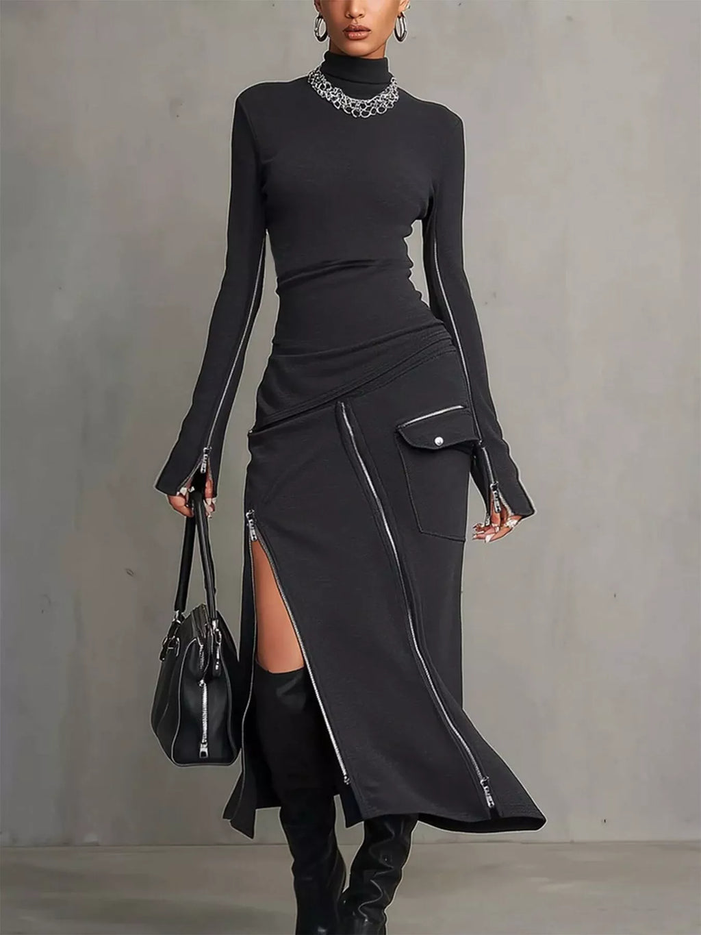 Women's Black Mock Neck Long Sleeve Zipper Detail Maxi Dress - Black