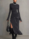 Women's Black Mock Neck Long Sleeve Zipper Detail Maxi Dress - Black