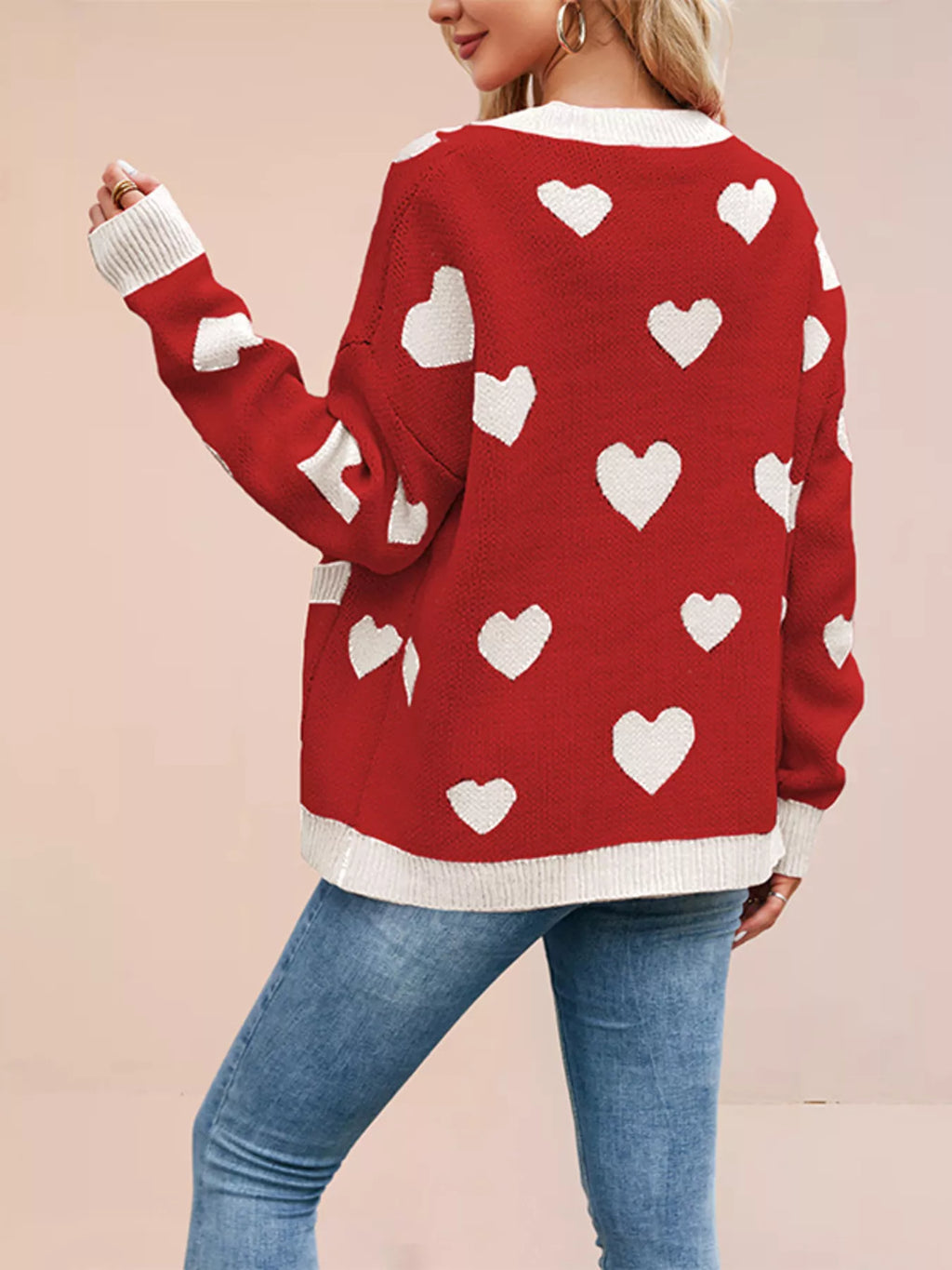 Women's Heart Pattern V-Neck Button-Down Knit Cardigan