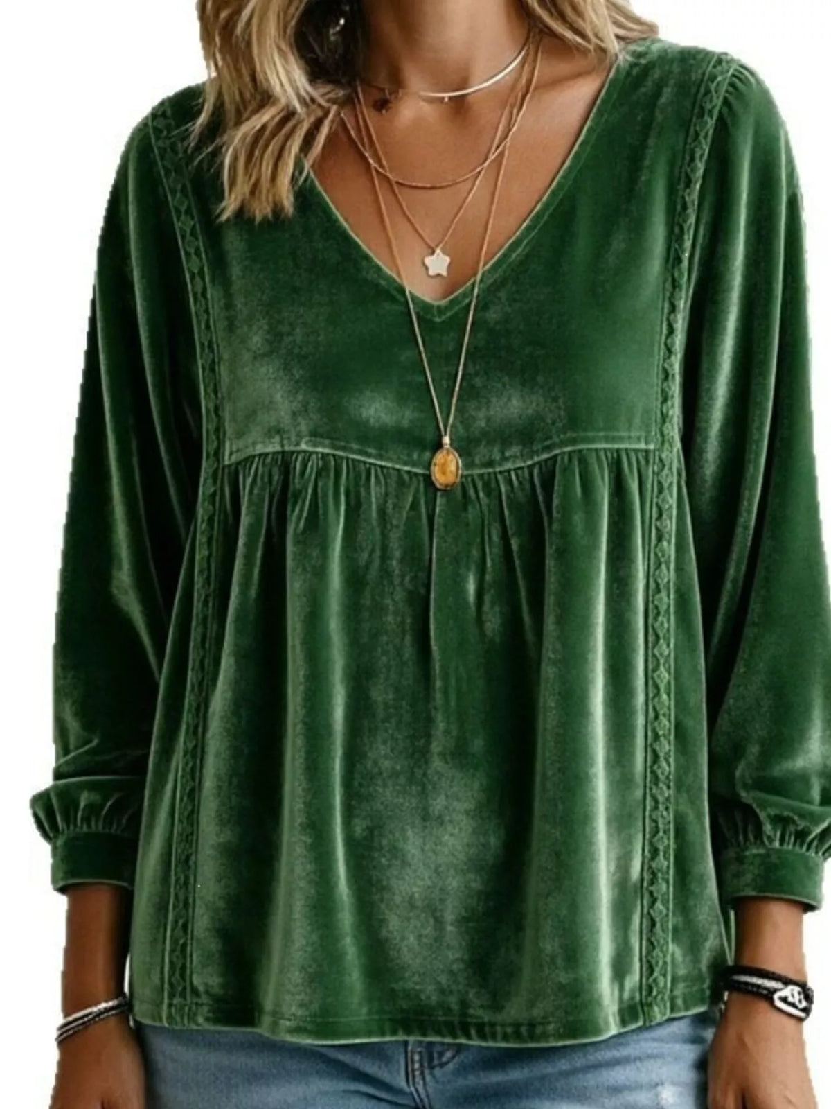 Full Size V-Neck Long Sleeve Velvet Blouse with Lace Trim Plus Size
