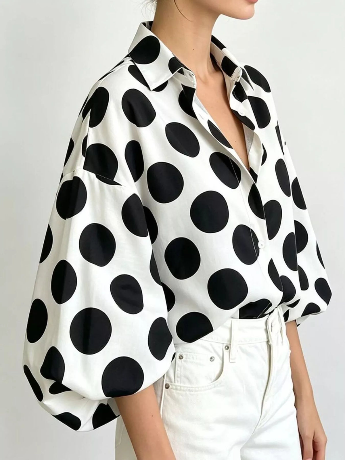 Women's White Polka Dot Puff Sleeve Shirt - White