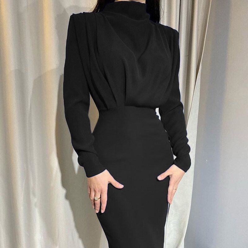 2024 Autumn New Fashion Temperament Waist Western Style Solid Color Long Sleeve Dress Wholesale