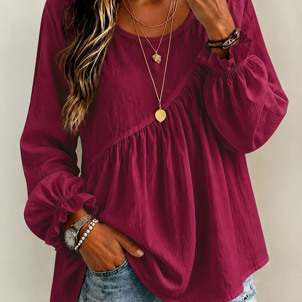 Women's 2026 New Cross-Border European And American Style Women's Solid Color Round Neck Long Sleeve Ruched Shirt Top, Casual Versatile Loose Fit