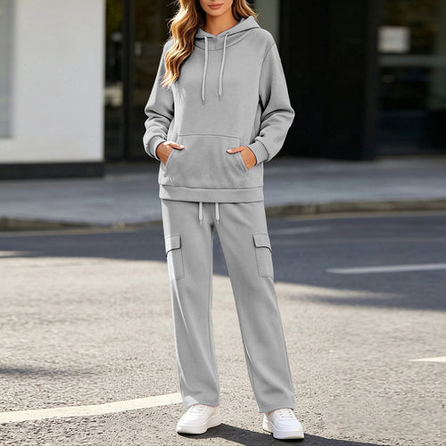Hoodie Set Long-sleeve Sweatshirt With Fleece Lining And Matching Pants With Pockets Womens