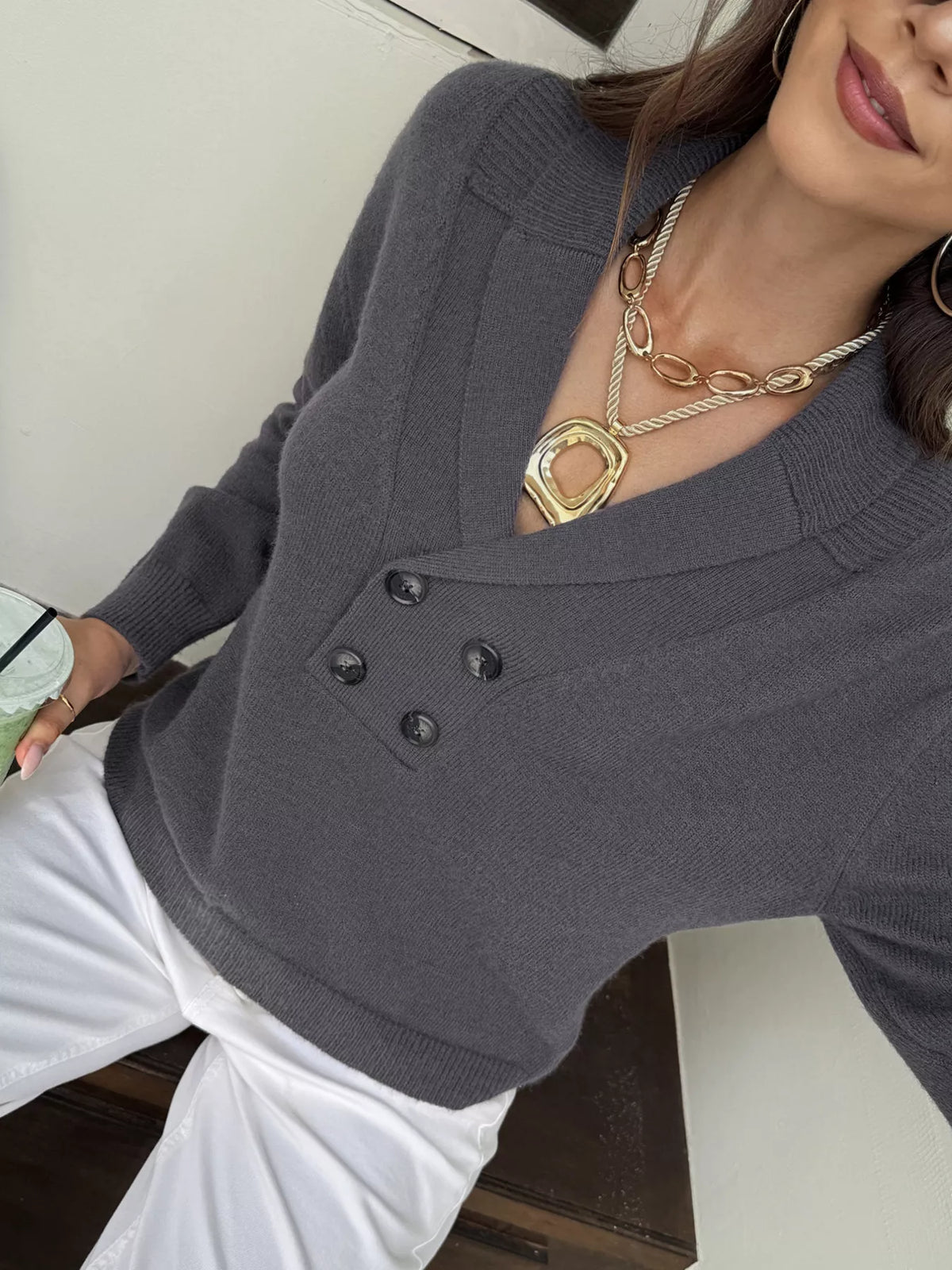 Women's Dark Gray Double-Breasted Shawl Collar Sweater - Dark Gray