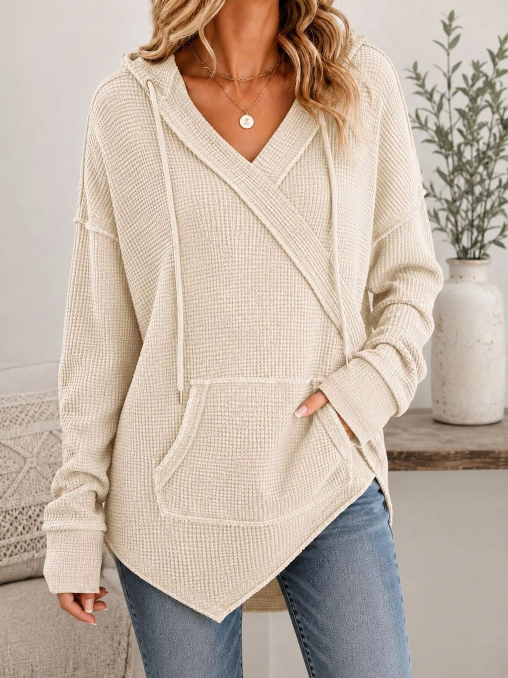 Women's Drawstring Waffle Knit Hoodie - Beige