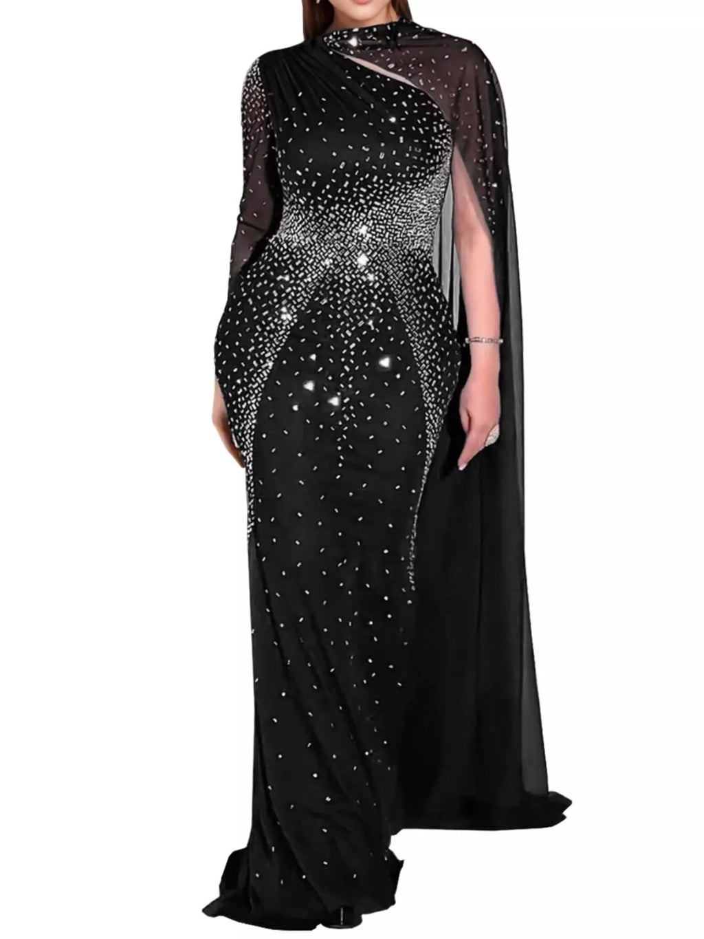 Women's Black Rhinestone Embellished Cape Maxi Dress - Black
