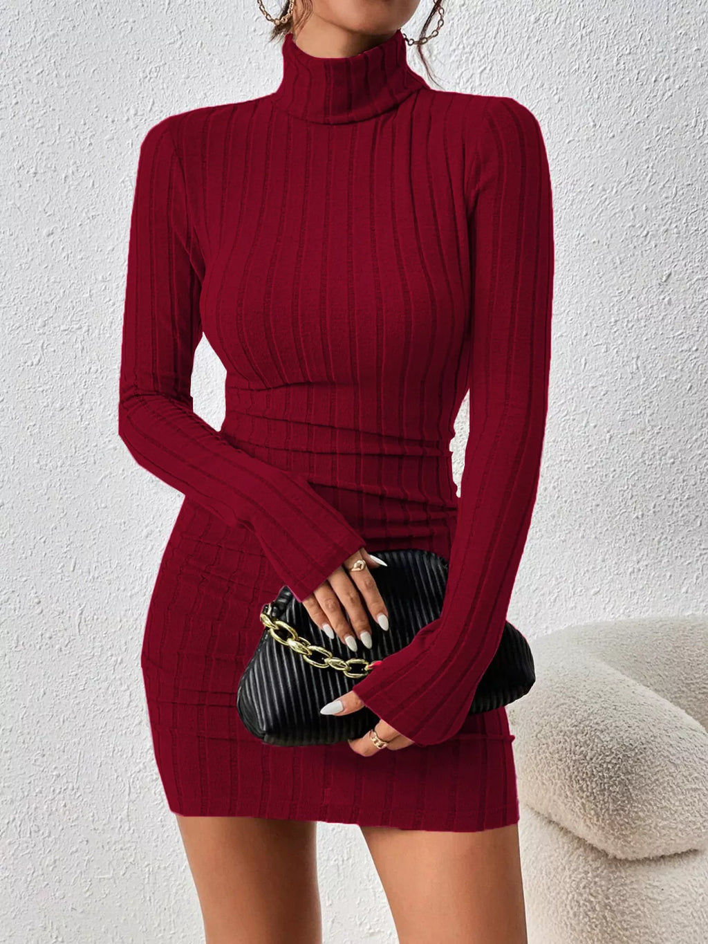 Women's Turtleneck Ribbed Bodycon Knit Dress - Wine Red