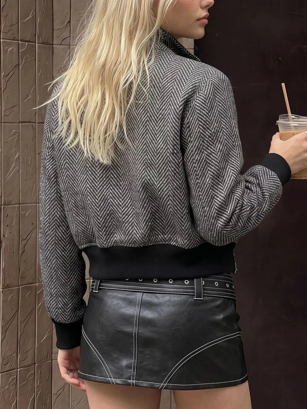 Women's Black Herringbone Double-Breasted Cropped Outerwear - Black