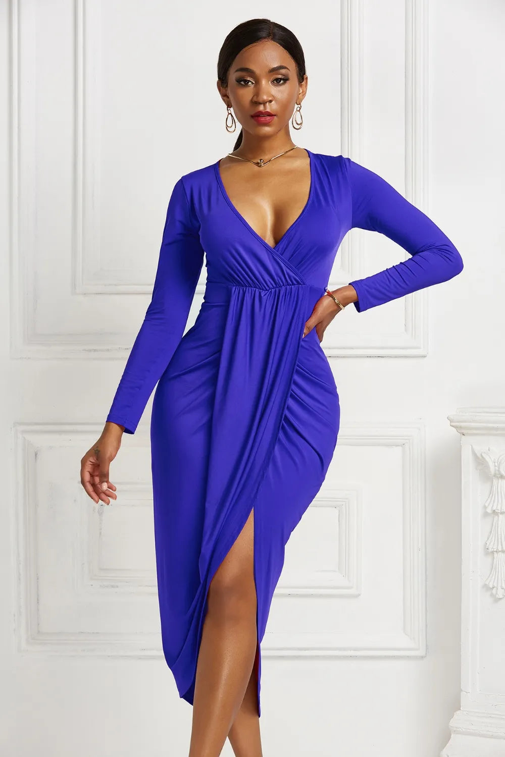 Women's High-low Ruched Surplice Long Sleeve Dress