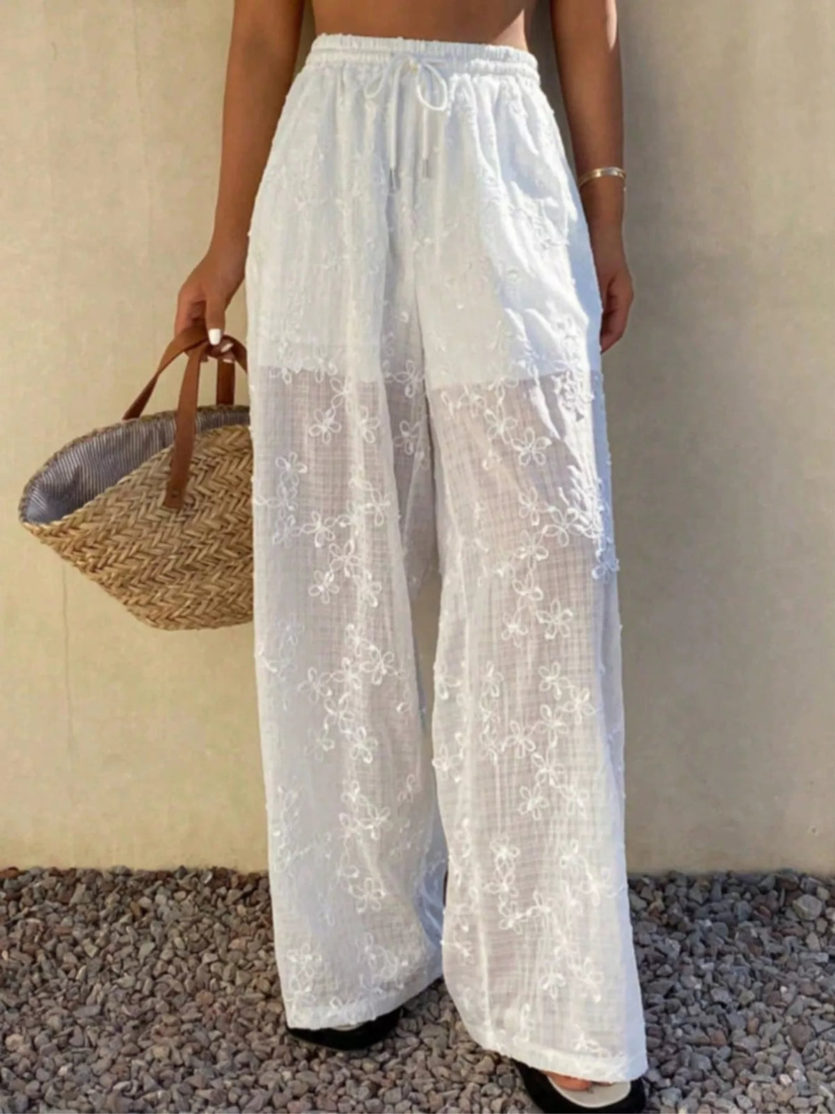 Women's White Drawstring Wide-Leg Pants - White