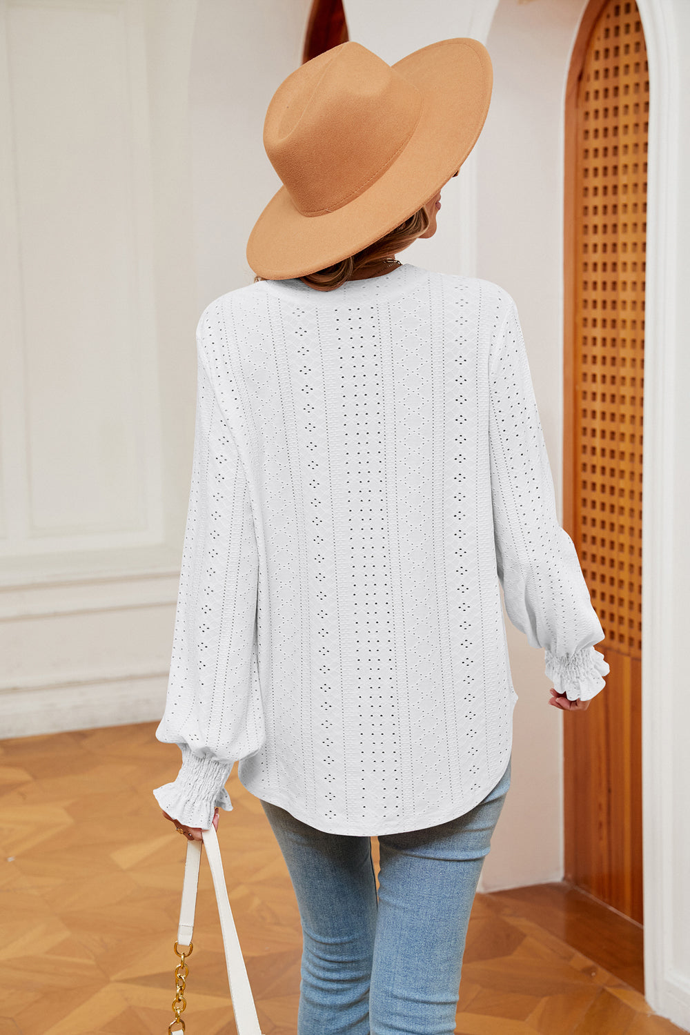 Women's Notched Neck Flounce Sleeve Blouse