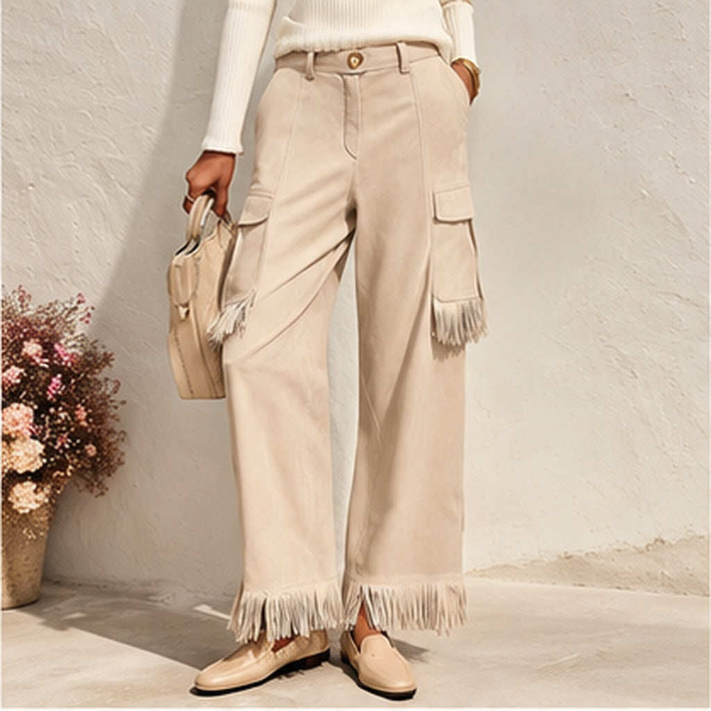 Suede Fleece Tassel Loose-Fit Slimming Workwear Wide-Leg Pants For Women