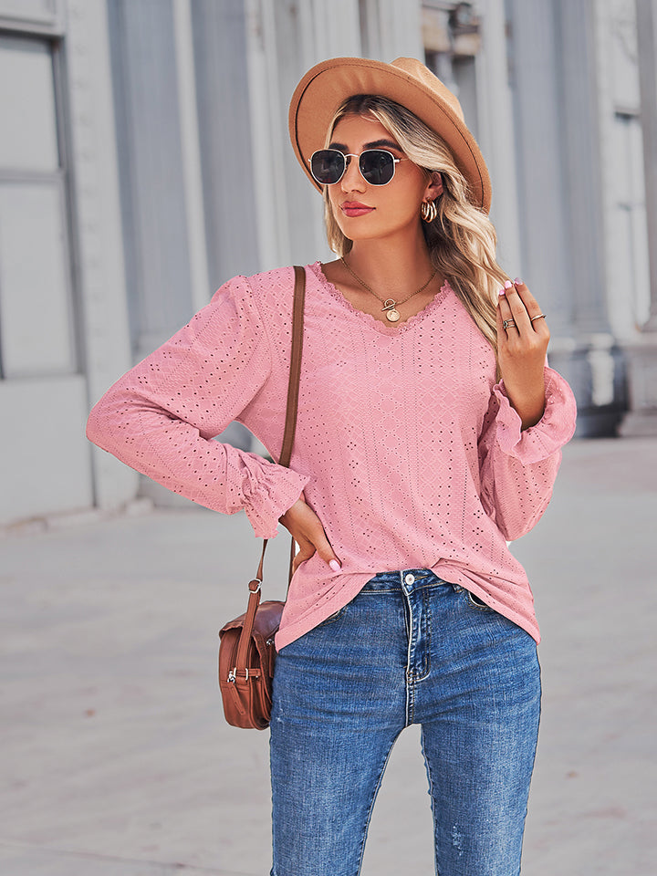 Women's Eyelet V-Neck Flounce Sleeve Blouse