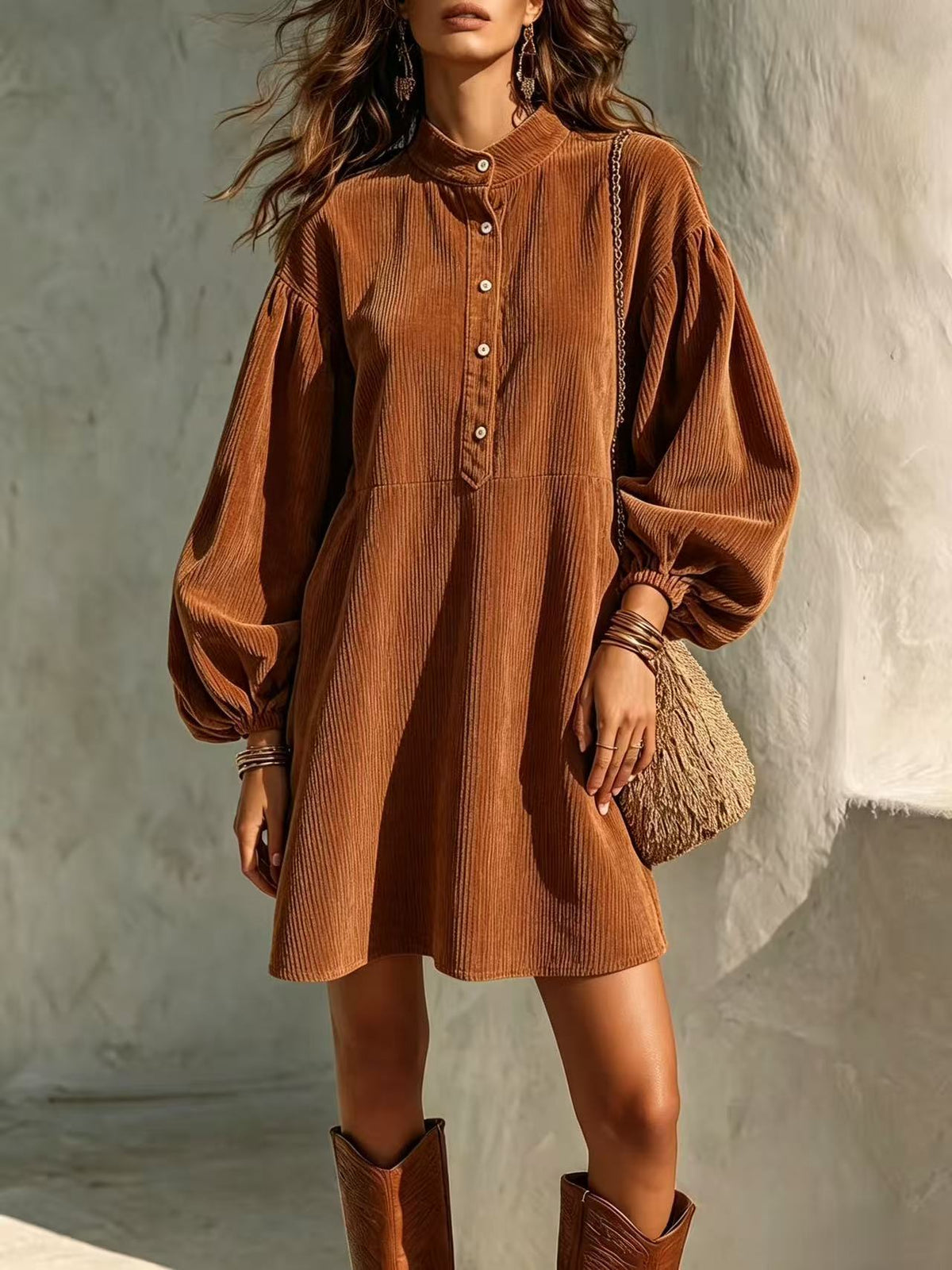 Hot Sale Fall Winter New Women's Fashion Vintage Corduroy Dress With Stand Collar And Lantern Sleeves