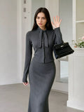Women's Gray Tie Detail Button Down Top and Skirt Set - Gray
