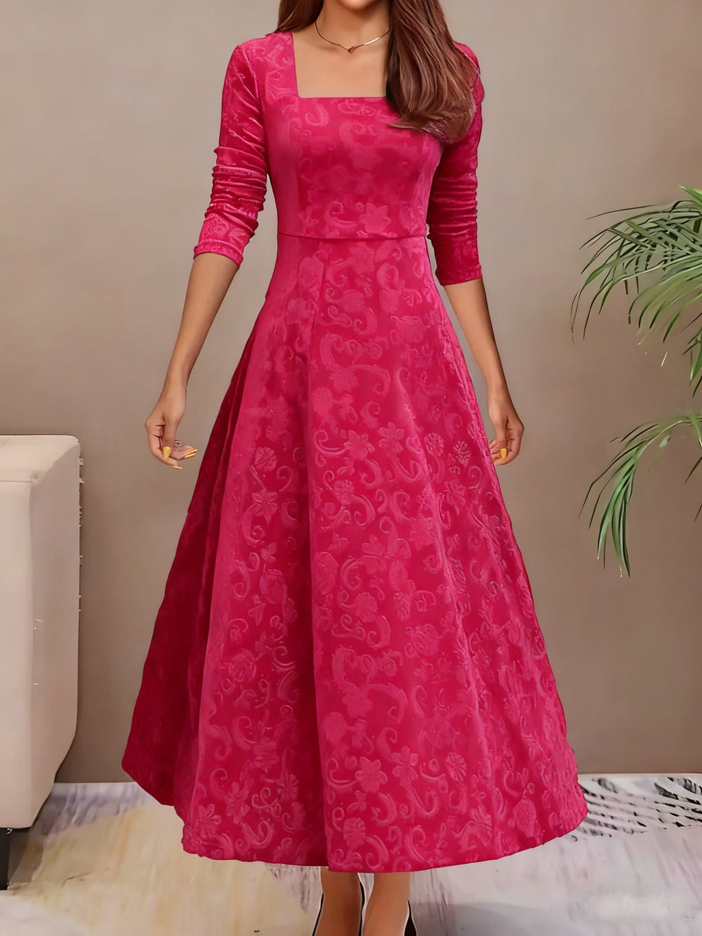 Plus-size Fashion Elegant Solid Color Jacquard Long-sleeve Square-neck Dress, Loose Extra-large Size Gold Velvet